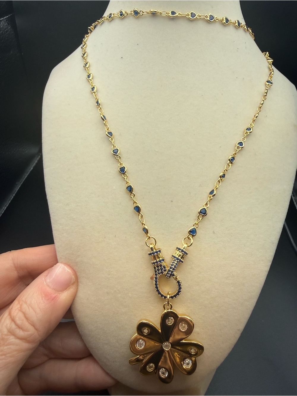 Adina Eden Gold and Blue heart crystal necklace with Clover Pendant